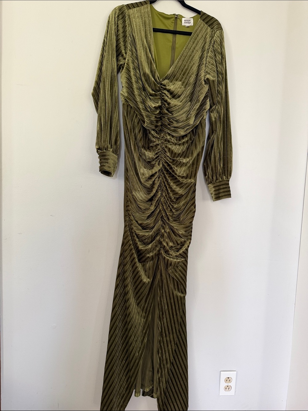 Unique Vintage | Olive Green Velvet Ruched Maxi Dress - Picture 3 of 8
